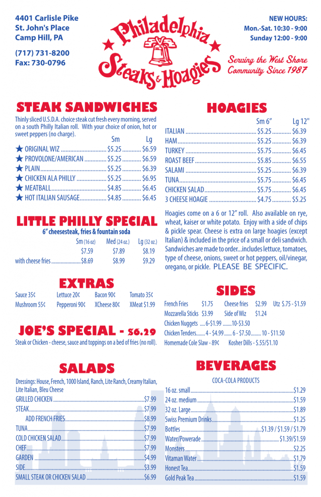 Menu Philadelphia Steaks and Hoagies